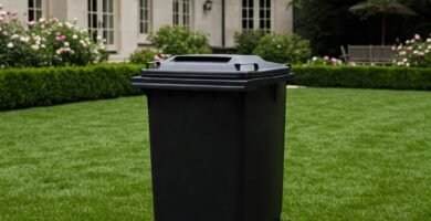 Basurero para patio negro con tapa y ruedas
